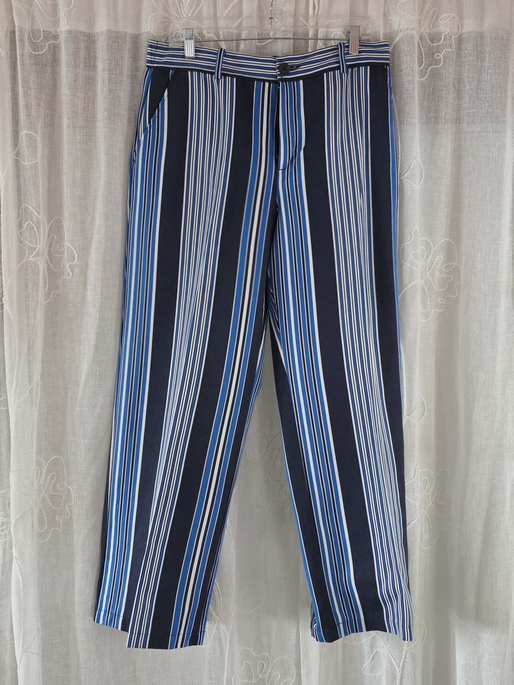 LOFT Navy and Blue Vertical Stripe Wide-Leg Pants